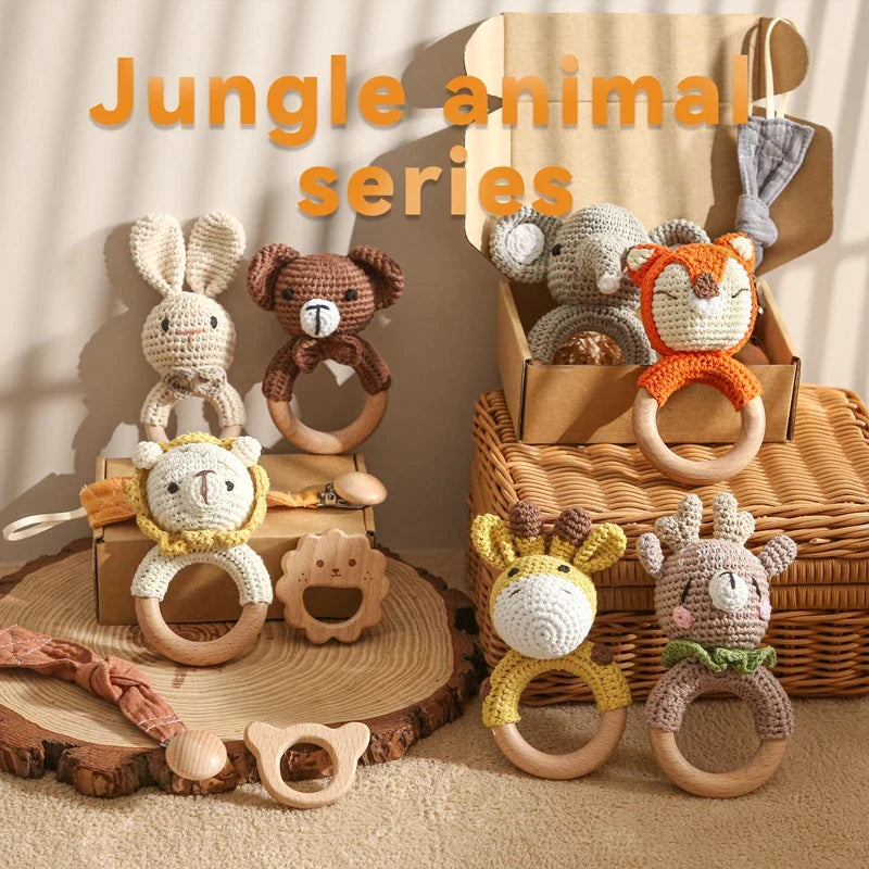 1Set Crochet Rattles Baby Teether Safe Beech Wooden Teether Ring Pacifier Clip Newborn Mobile Gym Educational Toys Birthday Gift
