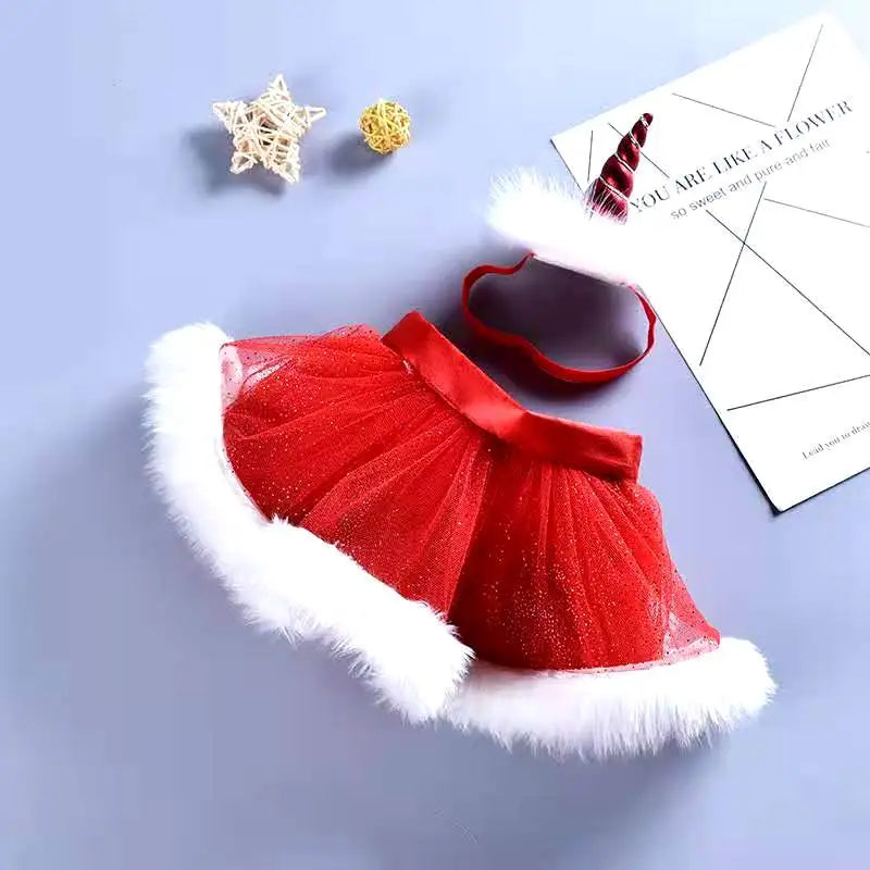 Xmas Skirts Infant Christmas Red Tutu Skirt Christmas Party Tutu Unicorn Baby Headband 2Pcs Chiffon Skirts Photo Props Sets
