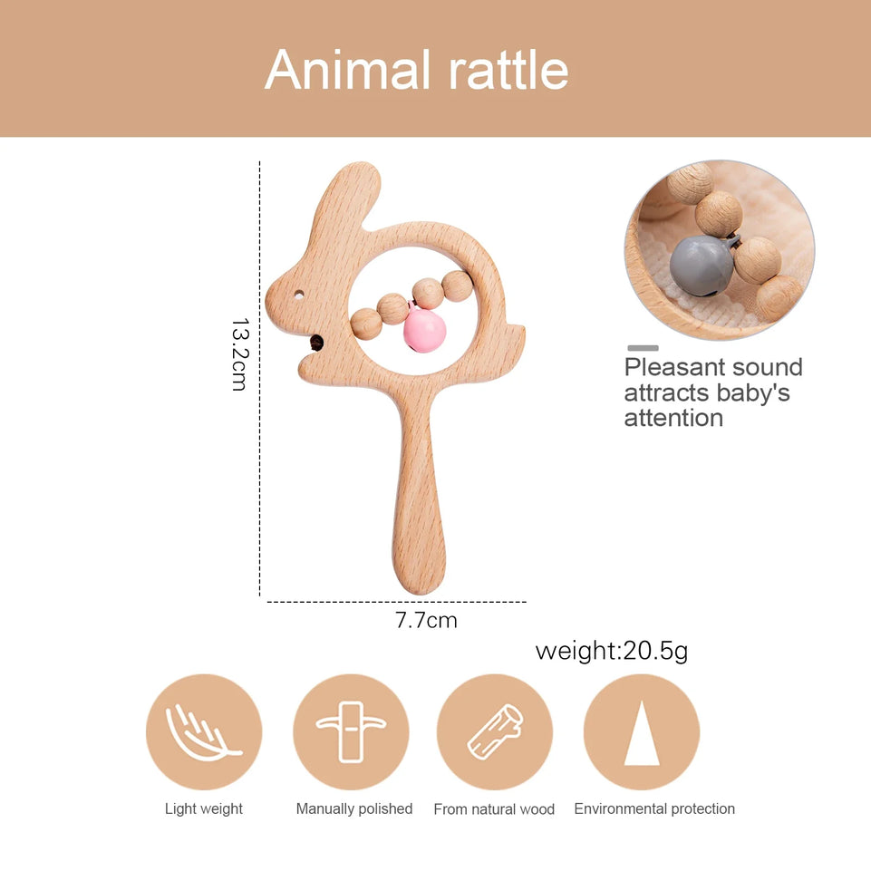 1PCS Baby Toys Wooden Rattle Animal Series Hand Bell Custom Logo Wooden Teether Children Recognize Animal Toys Child Gift