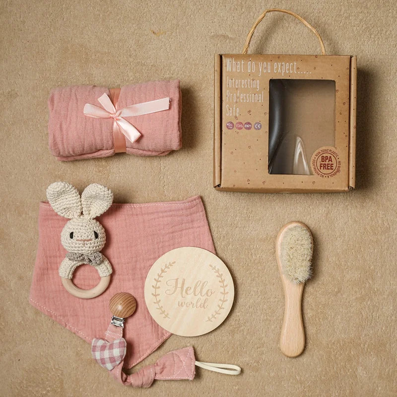 Baby Towel Bath Set Gift Box Cotton Blankets Newborn Milestone Cards Wooden Ring Rabbit Rattle Infant Brush For Baby Birth Gift