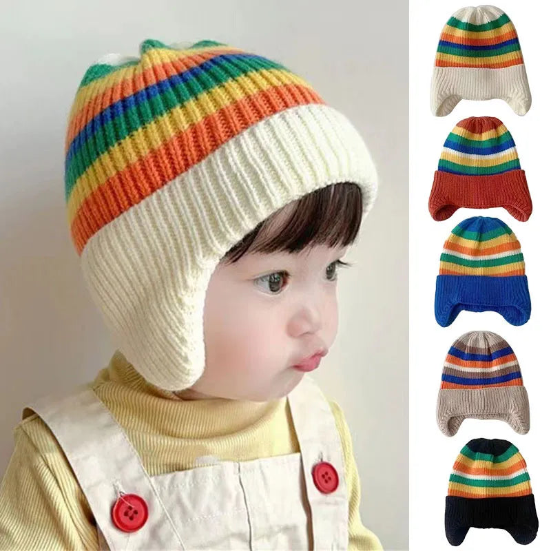 Baby Warm Hats Rainbow Colorful Kids Winter Hats for Newborn Gifts Boys Crochet Bonnet Toddler Girl Cap Children Protect Ears