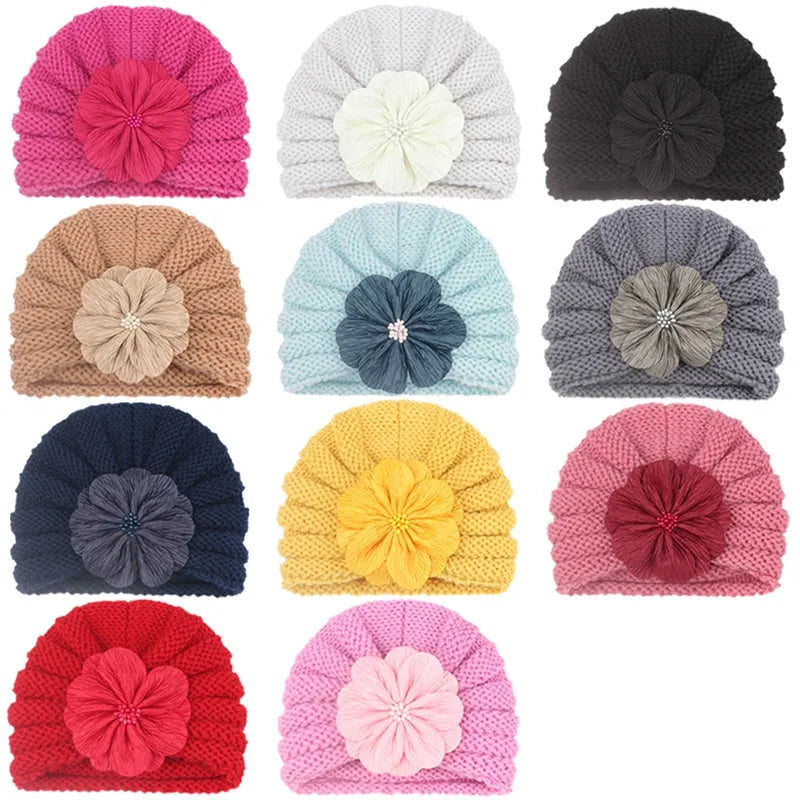 Fashion Flower Infant Striped Hats Soft Knitting Wool Caps Clothing Decoration Baby Corchet Turban Accessories Birthday Gift