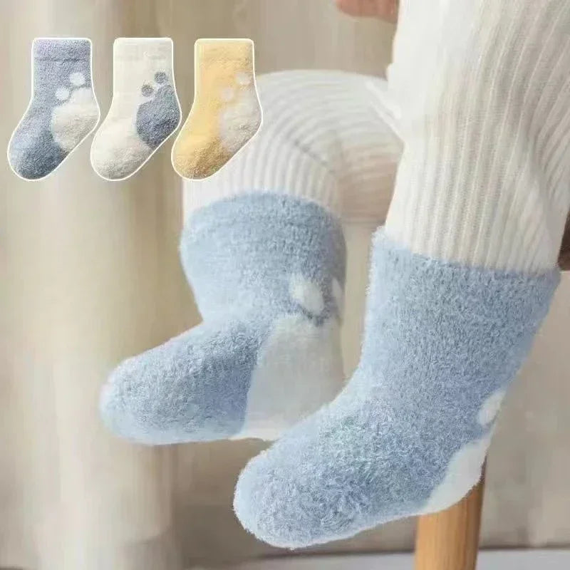 3 Pairs Warm Coral Feather Yarn Baby Socks Style Children'S Socks with Thick Fur Loops Baby Wool Solid Color Children'S Socks
