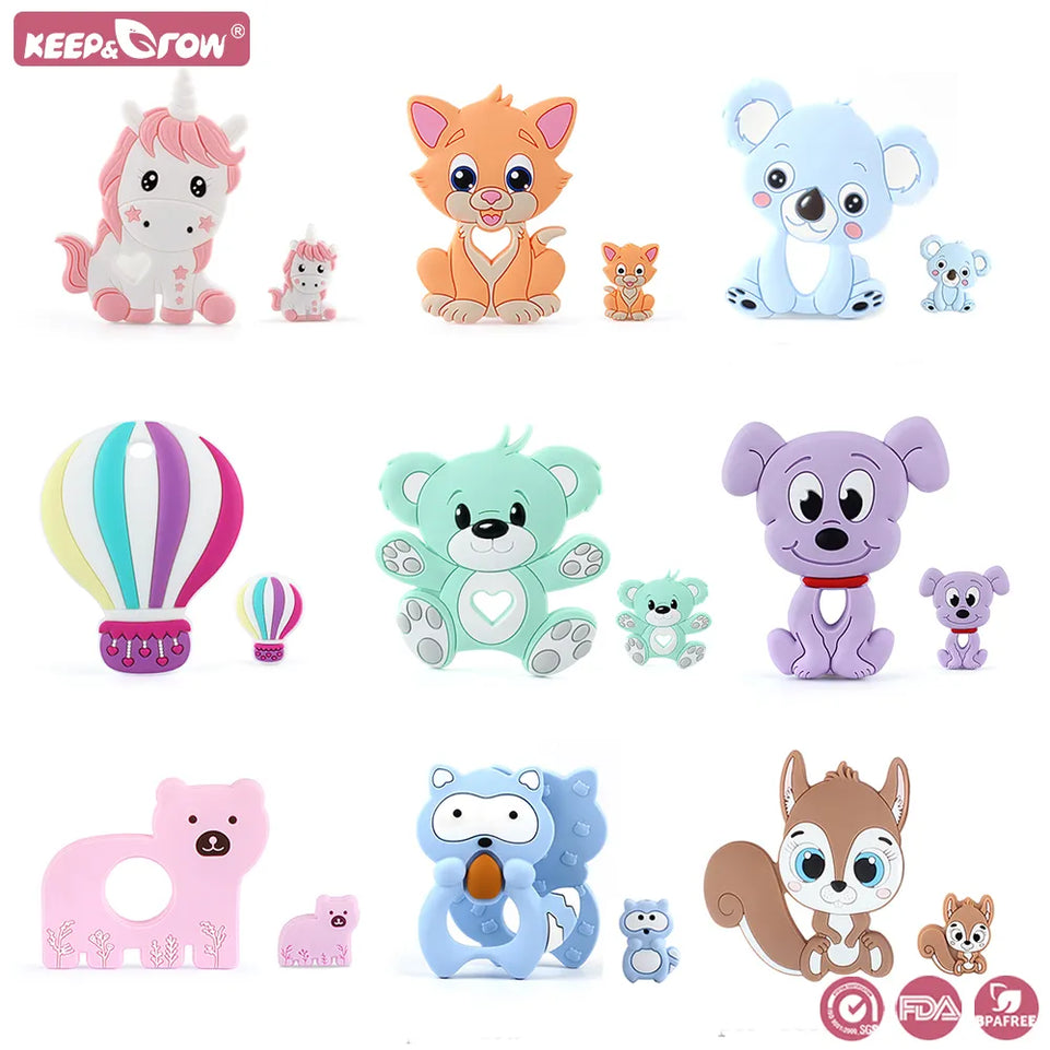 2Pcs/Set Silicone Beads Teether Cartoon Koala Unicorn Bear Baby Teething Teether Toys Food Grade DIY Pacifier Chain Accessories